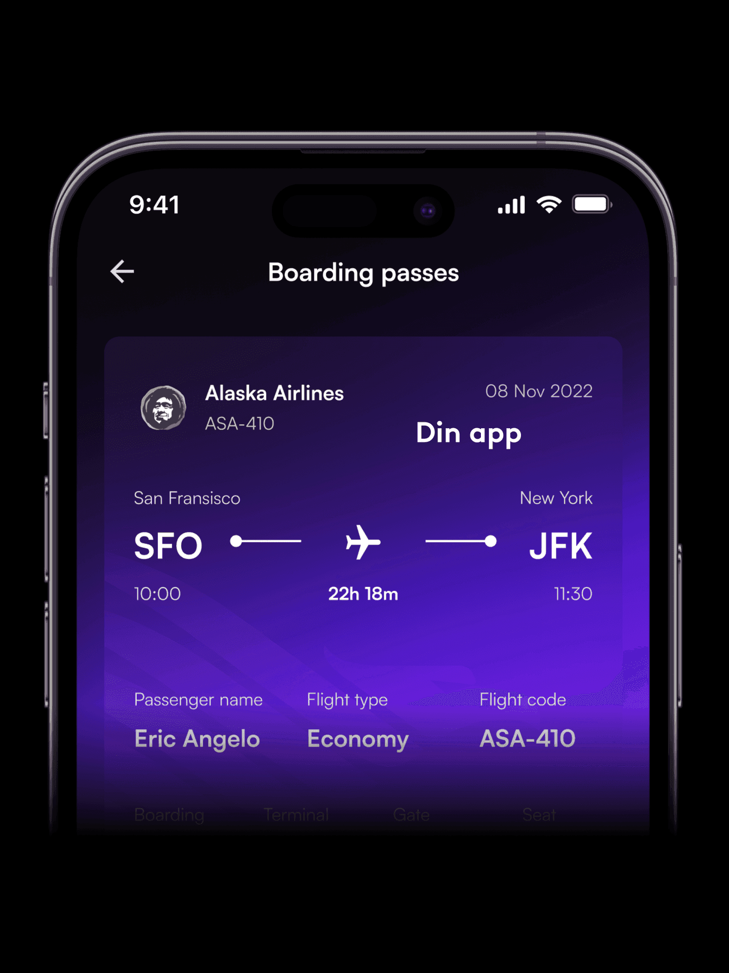 Mobile screen showing a digital boarding pass for a flight from SFO to JFK.